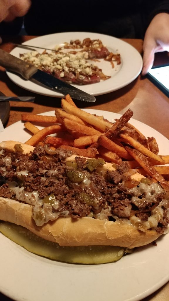 Philly Steak (minus mushrooms) and Maxie's Black and Blue (minus the bread)